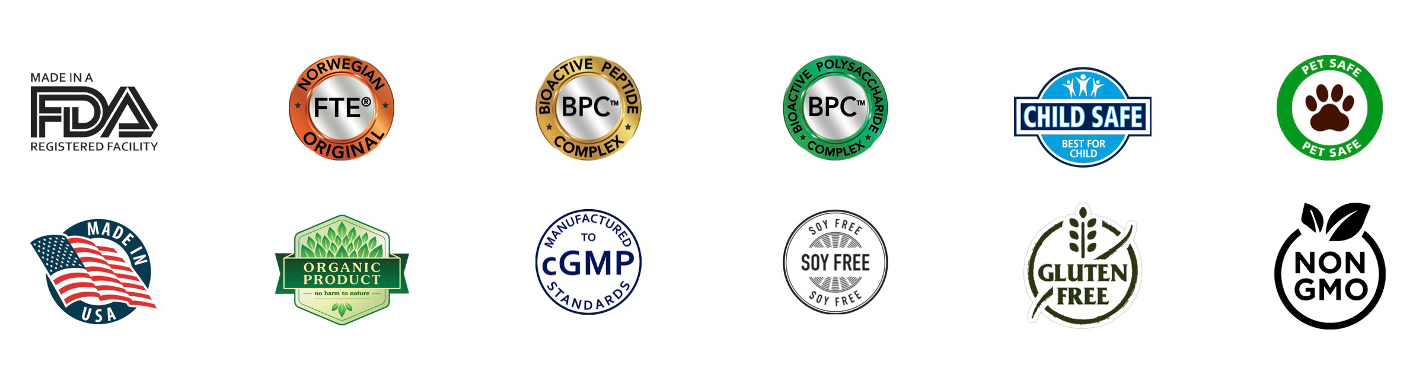 12 certificaciones internacionales de calidad: FDA, FTE, BPC Peptide, BPC Polysaccharide, Child Safe, Pet Safe, Made in USA, Organic, cGMP, Soy Free, Gluten Free, Non-GMO